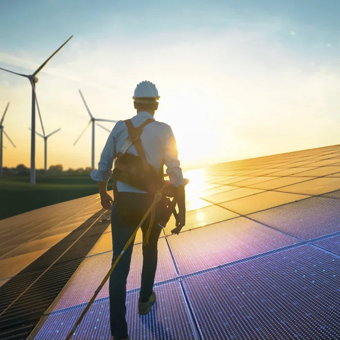 Hombre supervisando paneles solares, destacando el compromiso con el sector energético sostenible